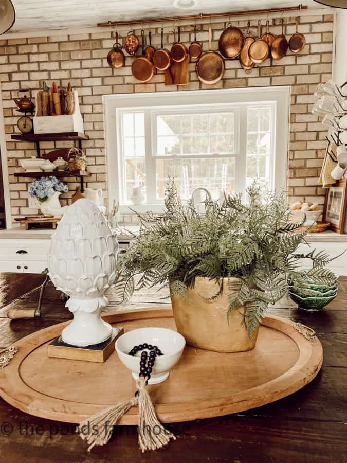 Kitchen Island Centerpiece with repurpose budget thrift store finds and wooden tray. 