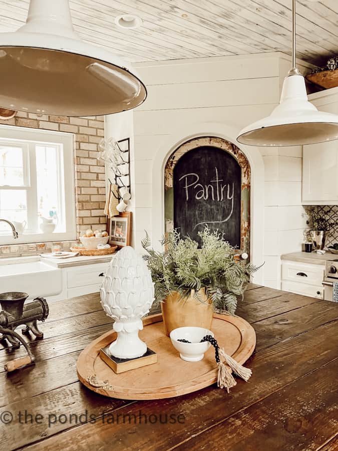 Kitchen Island Centerpiece with repurpose budget thrift store finds and wooden tray.  