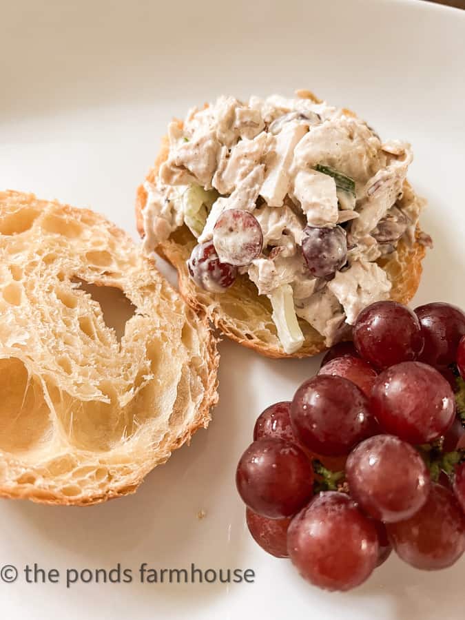 Easy Chicken Salad Recipe with Grapes on a croissant for a wedding anniversary party.