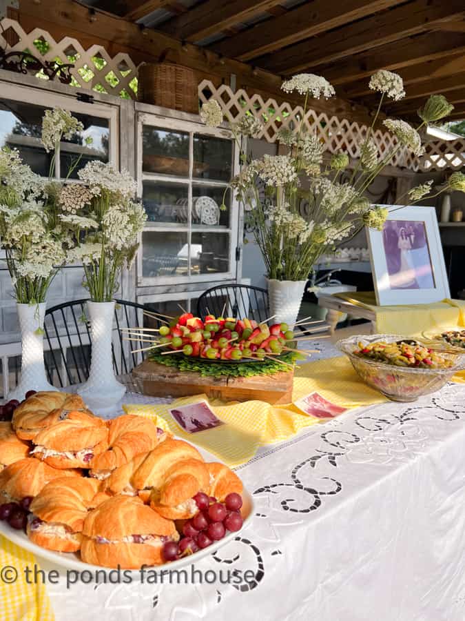 Table Setting with Easy chicken Salad Recipe with Grapes on fresh croissants.  