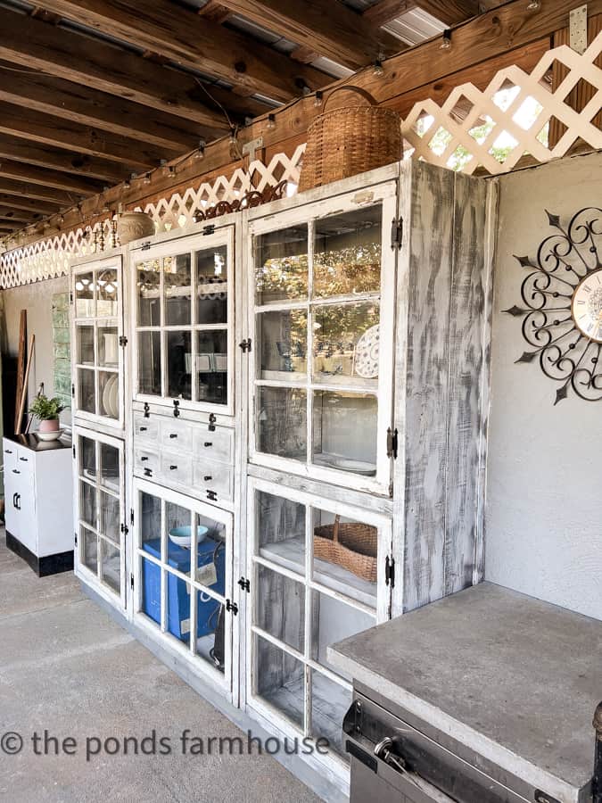 DIY Shabby Chic Kitchen Cabinet in outdoor kitchen.  