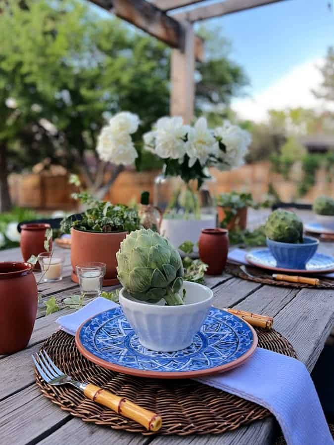 Outdoor living area with table set for summer entertaining.  