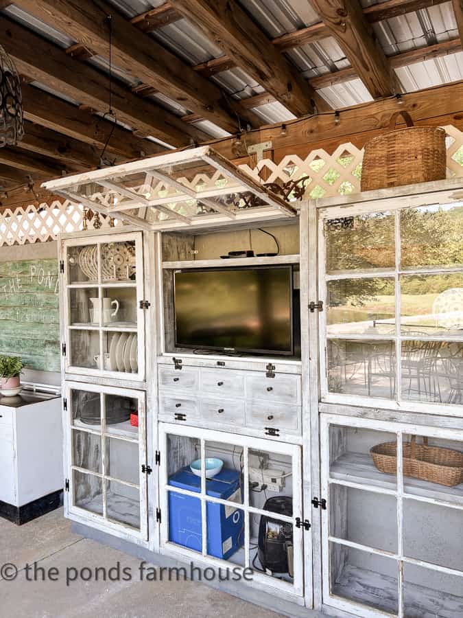 Farmhouse Style Shabby chic outdoor kitchen DIY cabinet.