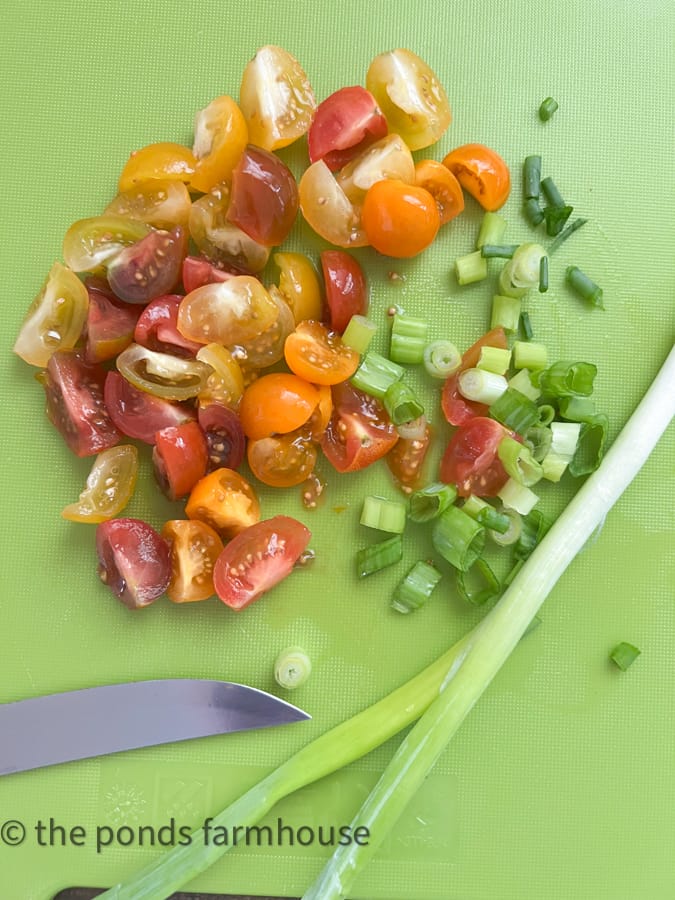 Chopped Tomatoes and Chopped Green onions for tasty appetizer dip recipe
