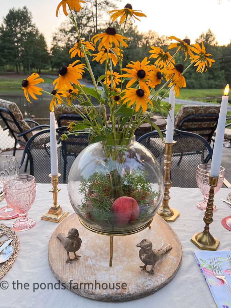 Peaches and Black Eyed Susan Free Flower Centerpiece  on vintage breadboard & brass birds for Summer tablescape