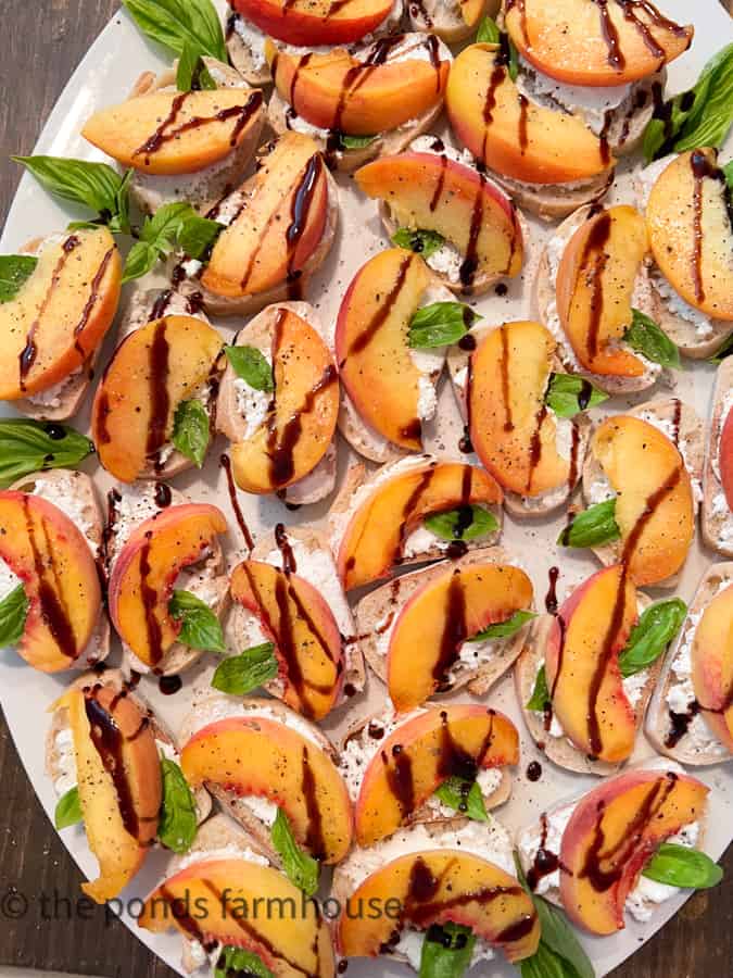 Sweet and Savory Peach Bruschetta Appetizer Recipe includes peaches with balsamic glaze