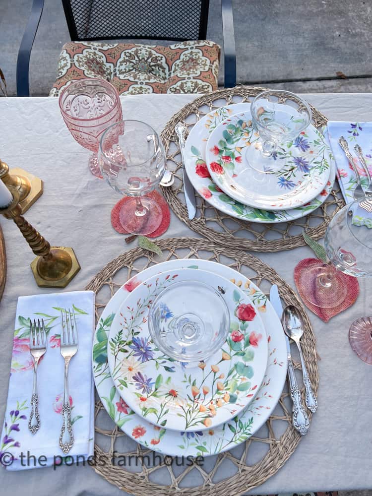 Everything Peachy Tablescape with DIY burlap peach coasters and floral dishes and napkins.  