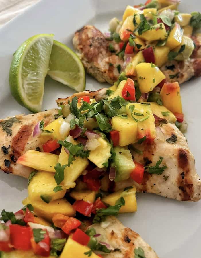 Grilled Chicken With Peach Avocado Salsa Recipe a great summer dinner option.  