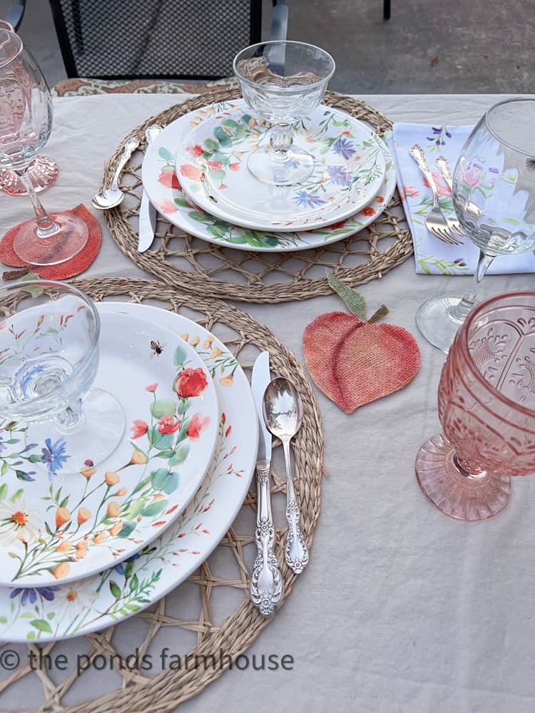 Everything Peachy Tablescape with DIY burlap peach coasters and floral dishes and napkins.  