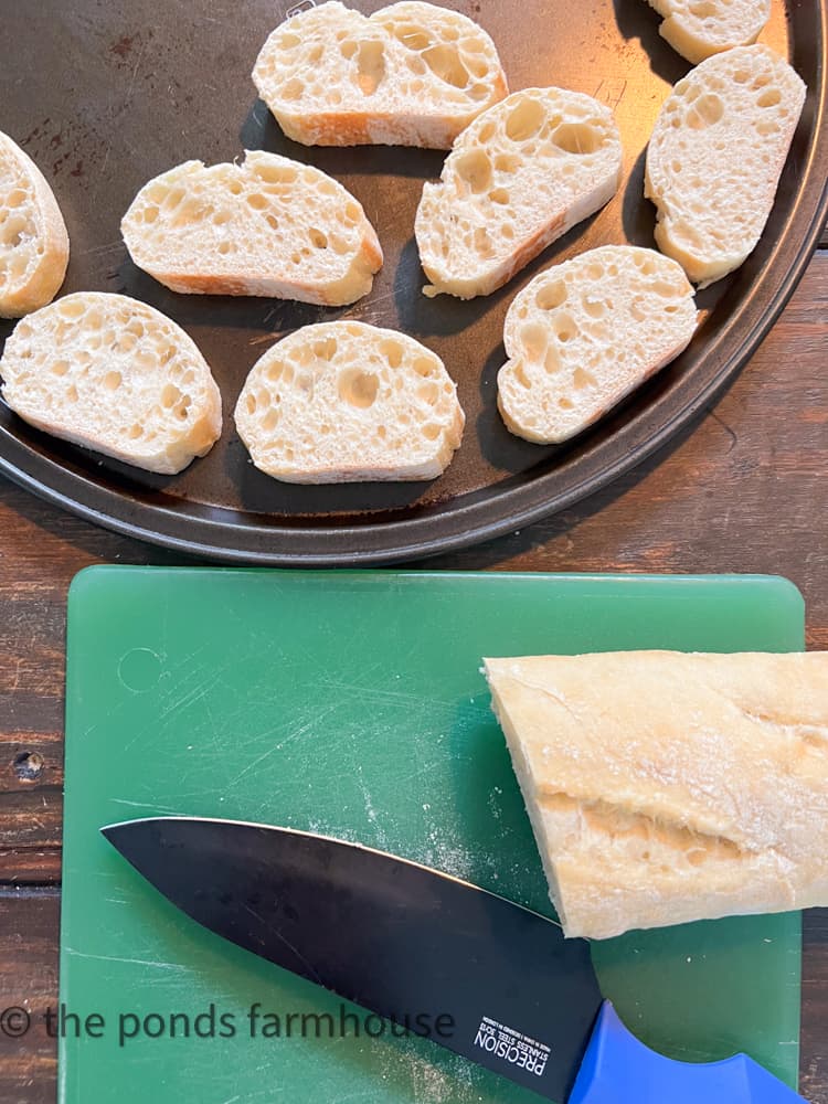 Toast Sliced Bagette to make the peach bruschetta.  