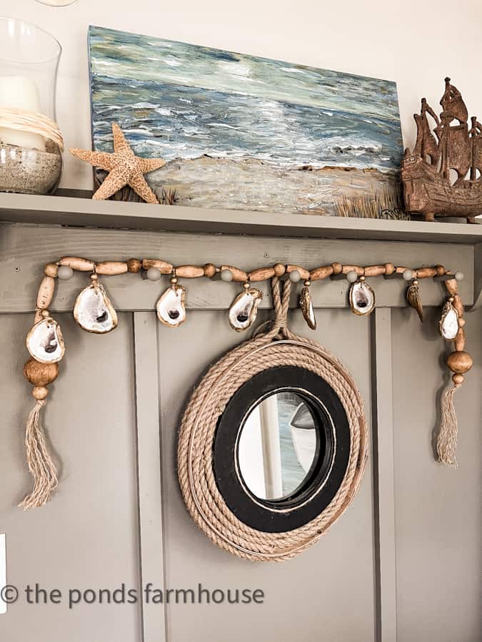 Oyster Shell Garland hanging on Accent Wall peg board.