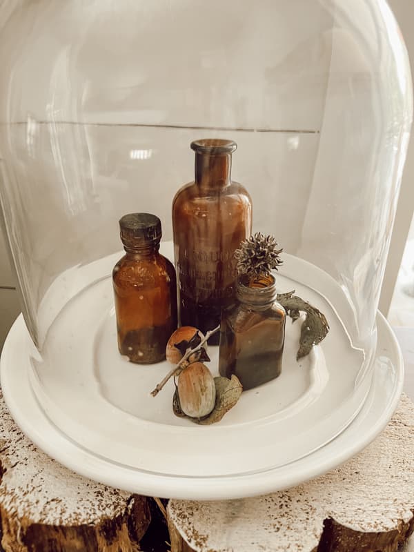 Amber Glass Bottles under a cloche for Rustic Fall Decorating Ideas.  Farmhouse, cottage and country style.