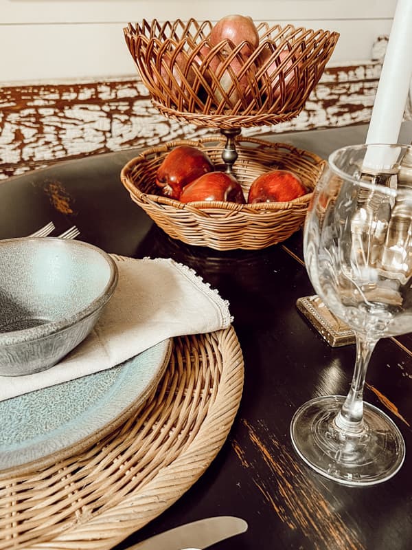 Pottery Barn Hack - DIY Basket Tray with fruit on fall tablescape for fall table decorating. 