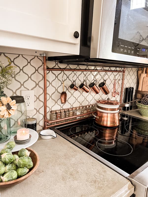 Copper Double Boiler and DIY Copper Spice Rack in farmhouse kitchen for Decorating Vintage