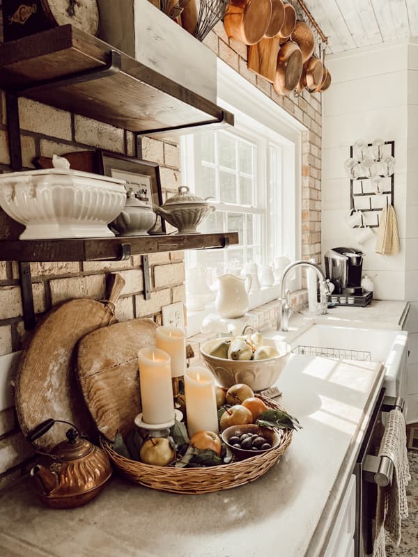 Concrete countertops with basket tray and fruit for Cheap FAll Decor .