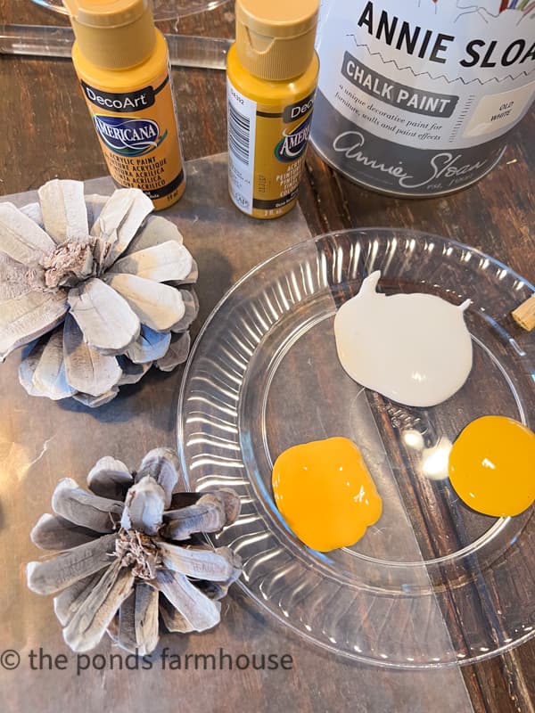 Paint pinecones to make sunflowers for Fall Centerpiece and cottage-core handcrafted art. 