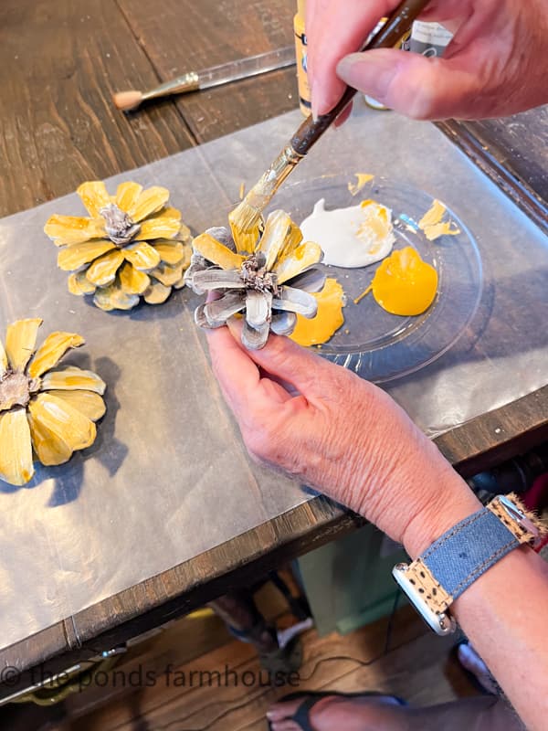 Paint pinecones to make sunflowers for Fall Centerpiece and cottage-core handcrafted art. 