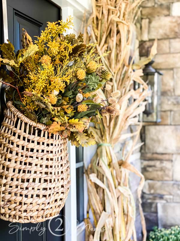 Autumn Decor with a DIY Fall hanging basket for the front door.  Farmhouse Style Fall Craft idea.