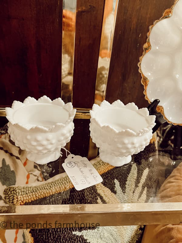 Vintage White Milk Glass Hob Knob bowls for sale in antique store.  