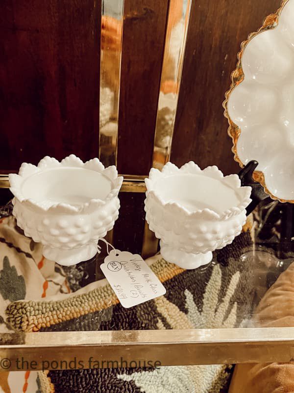 Vintage Hobnail Milk Glass in antique store