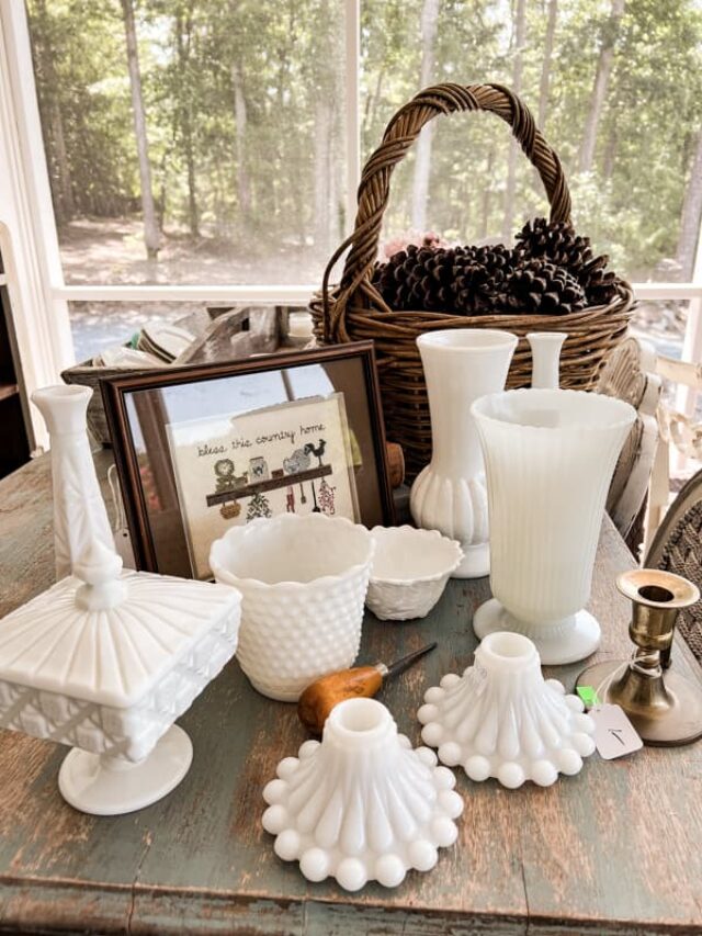 Thrifted Milk Glass decorating in a farmhouse setting.