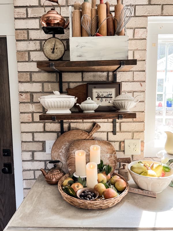 open shelving with Inexpensive fall decor from thrift stores and vintage shops for Budget Kitchen Decorating Ideas