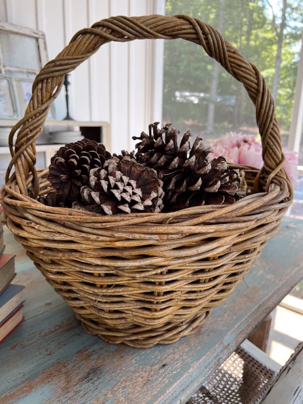 Stying old baskets with foraged and gathered pinecones.  