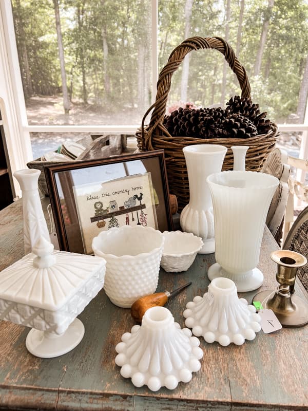 Collecting milk glass to decorate for shopping at a thrift store and decorating with thrift store finds. 