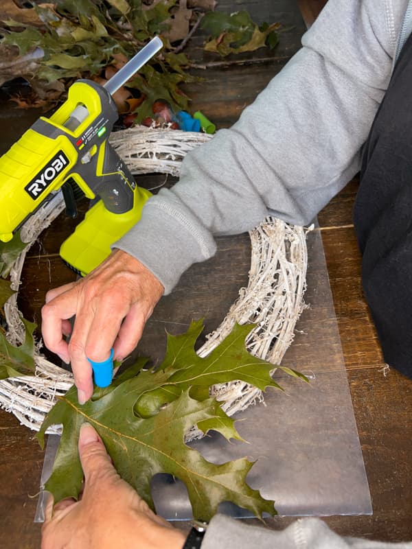 overlap leaves on grapevine to make a wreath that is sustainable and eco-friendly.