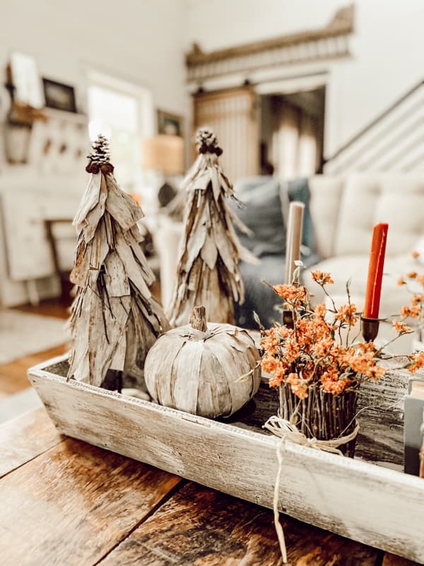 Corn Husk Topiaries and Pumpkin for Cheap Fall Decorating that is sustainable and eco-friendly.