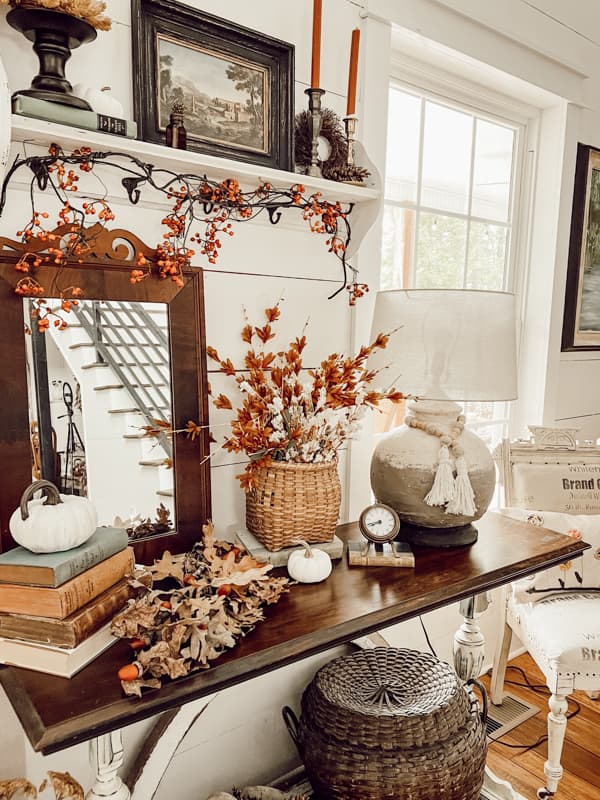 Vintage Vignette for an Autumn entry table farmhouse style with rustic DIY projects and foraged supplies.