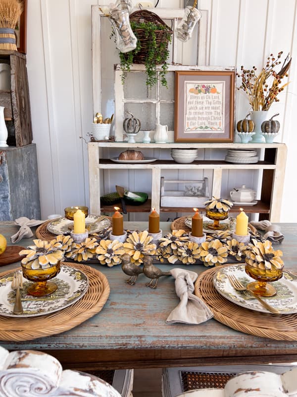 Fall Tablescape with sunflower centerpiece and pinecone flower art 