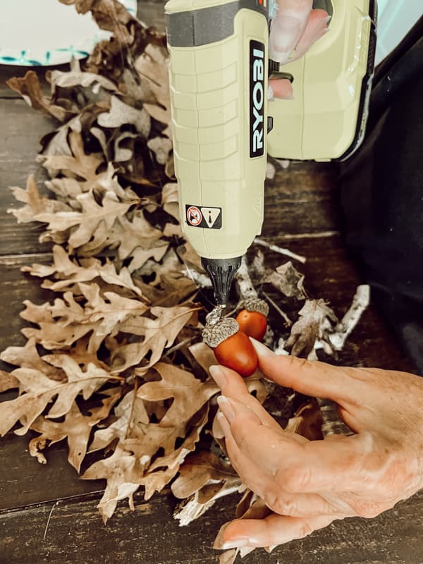 Foraged leaves and faux Acorns with Ryobi hot glue gun.