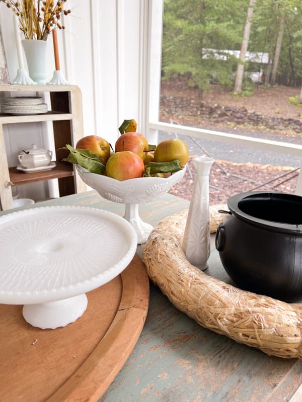 Dirt Road Adventures - Thrifting For Fall Decor - Milk glass cake stand and fruit bowl and other finds