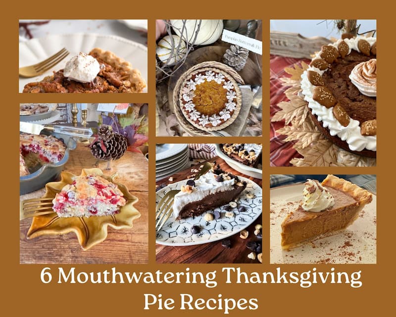 6 Thanksgiving Holiday pie ideas. Cranberry pie, pumpkin pie, pecan pie, keto chocolate pie, eggnog gingerbread pie
