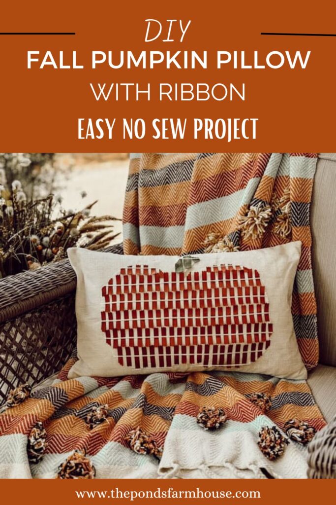 DIY Fall Pumpkin Pillow with Ribbon Easy No Sew Project for Fall Decorating. 