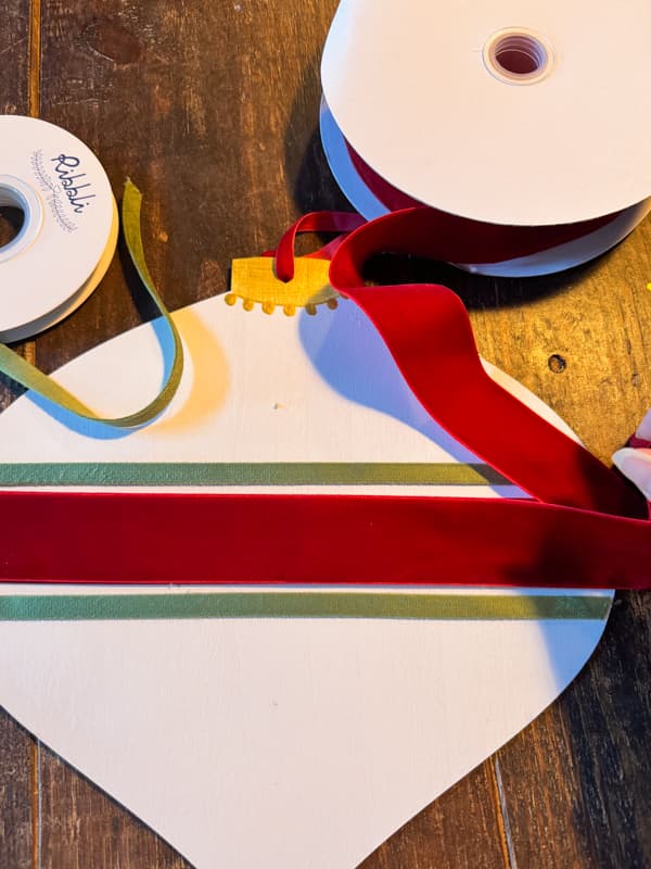 Add velvet ribbon to teardrop ornament from Dollar Tree Christmas items