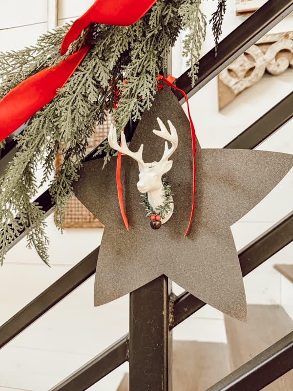 Deer head ornament mounted on Dollar Tree Star wood cutout for giant Christmas ornaments