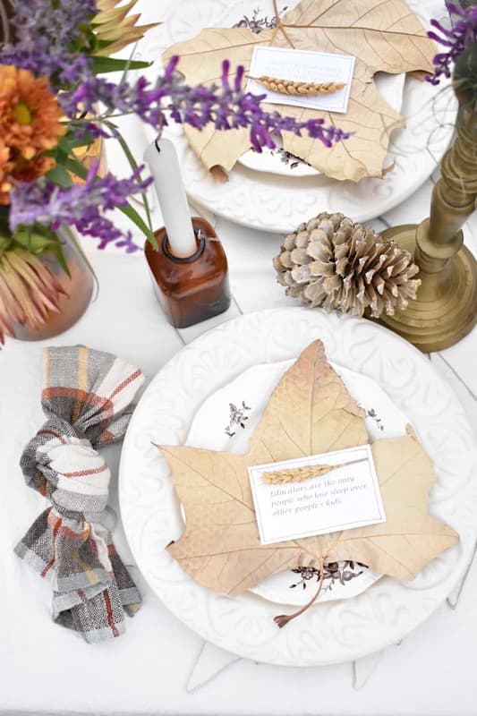Forage preserved leaves and DIY place cards for a neutral Thanksgiving Tablescape