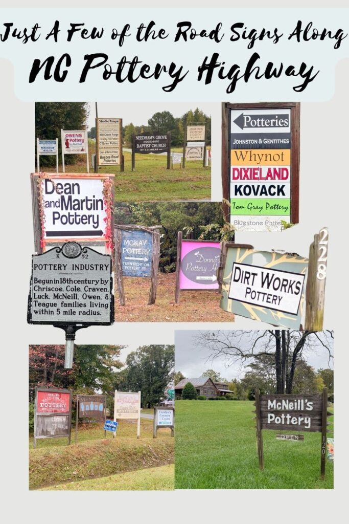 Signs along the North Carolina Pottery Highway with over 80 operating potteries.