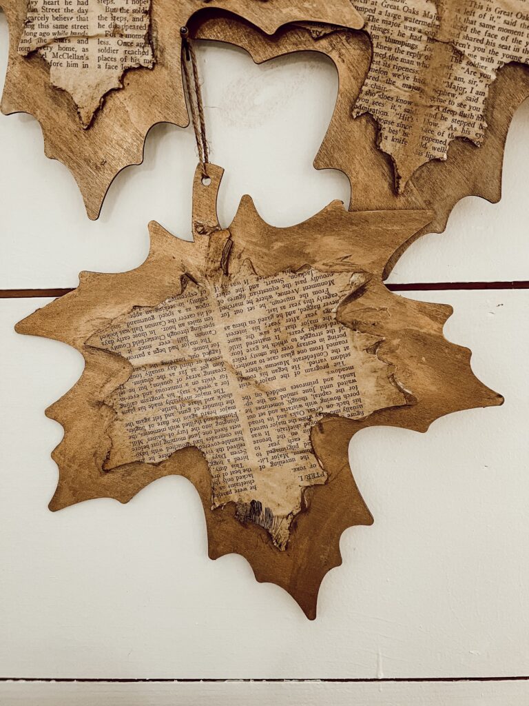 DIY Old Book Leaf Craft with Dollar Tree Woodcraft for Fall Decorating.  Farmhouse Country Chic Style decor.