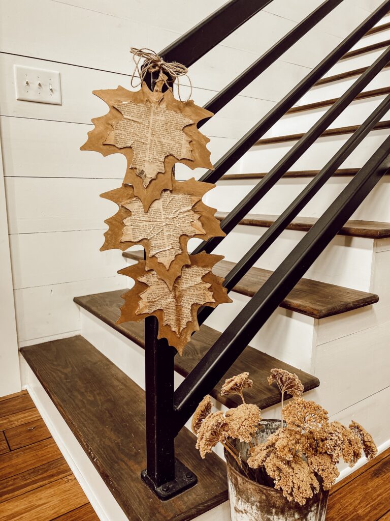 DIY Old Book Leaf Craft with  for Fall Decorating.  Farmhouse banister 