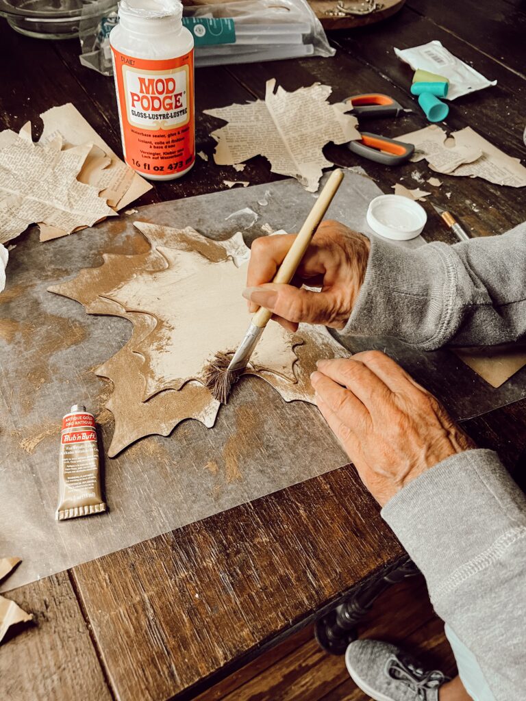 Use Rub N Buff Wax to stain the oak leaf Dollar tree woodcraft for rustic fall decor for Farmhouse Country Chic