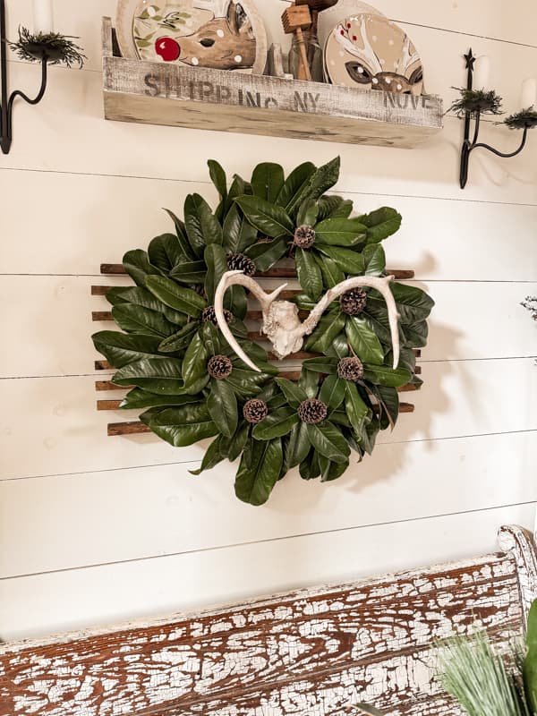 DIY Magnolia wreath with Deer Antlers. Rustic cabin with Deer Antler wreath.