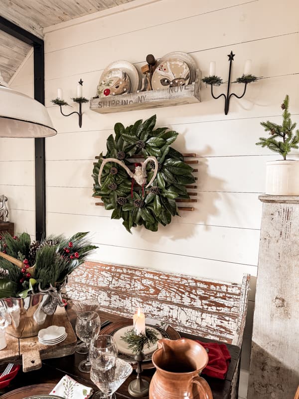DIY Easy Rustic Christmas Wreath with Deer Antlers, Magnolia, and Pinecones for a natural element wreath.