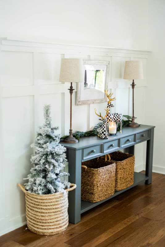 Simple Entryway table decorated for Christmas