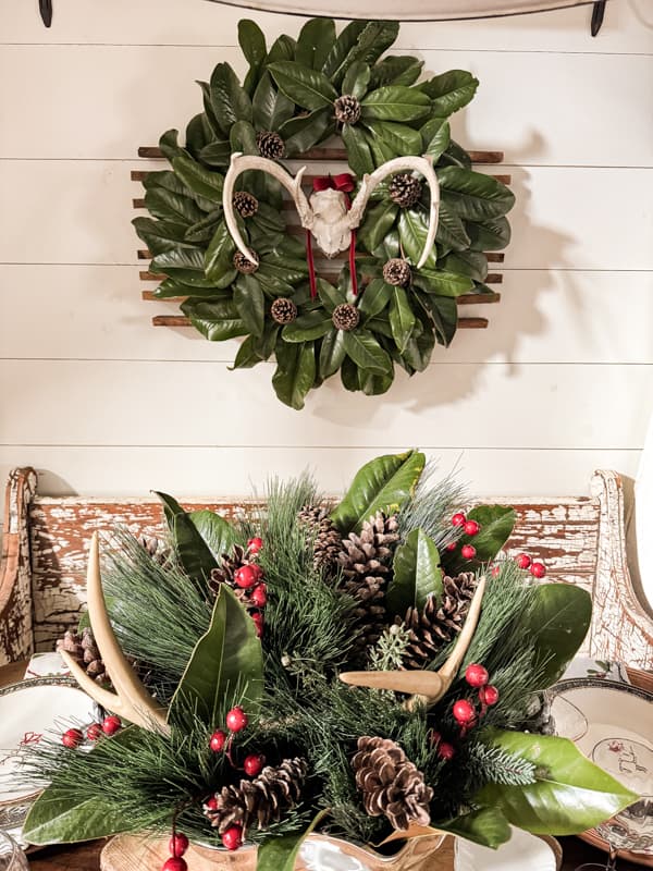 Foraged Natural Materials for Deer Antler Centerpiece and Magnolia & Pinecone Christmas Wreath