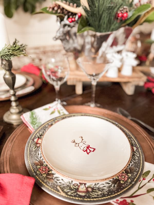 Reindeer Salad Plates for place setting on a cozy cabin Christmas Table Setting for Farmhouse style Holiday decorating.