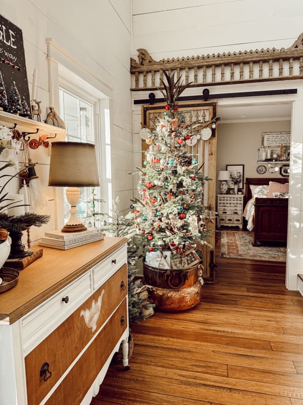 Curated Home Vintage Christmas Tree with Vintage Christmas Glass Ornaments and Antqiue Copper Cauldron.