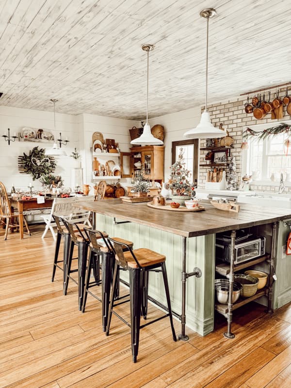 Curated Home Farmhouse Kitchen filled with Vintage Christmas Charm.  DIY Kitchen Island.  